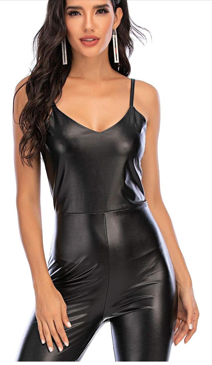 Pick Your Look Macacão de Mulher Sexy em Pele Sintética, Peça Única com Fecho Nas Costas e Bodycon