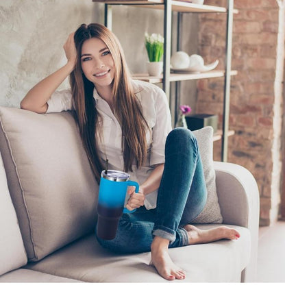 DOMICARE Copo de Aço Inoxidável Reutilizável de 1,182L com Tampa e Pega, com Isolamento a Vácuo, Copo de Viagem para Café, Gradiente Azul