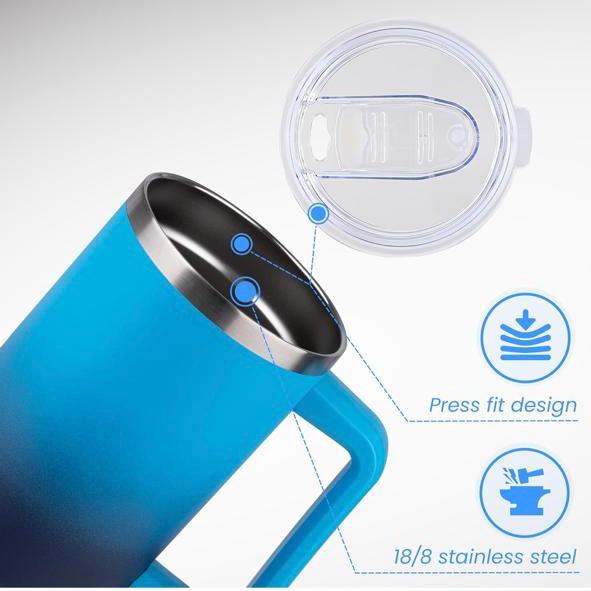 DOMICARE Copo de Aço Inoxidável Reutilizável de 1,182L com Tampa e Pega, com Isolamento a Vácuo, Copo de Viagem para Café, Gradiente Azul