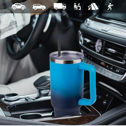 DOMICARE Copo de Aço Inoxidável Reutilizável de 1,182L com Tampa e Pega, com Isolamento a Vácuo, Copo de Viagem para Café, Gradiente Azul